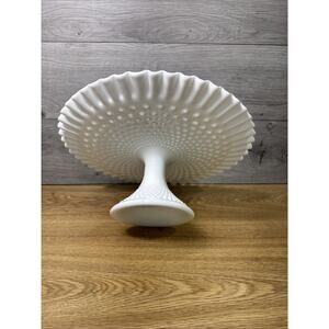 Vintage Fenton Glass Milk White Hobnail Ruffled Pedestal Cake Plate 13x5.25”
